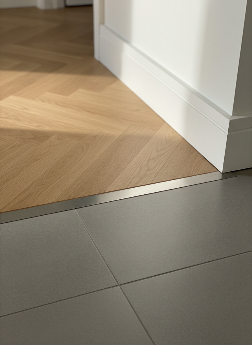 A detailed close-up of high-quality renovation craftsmanship: a perfectly aligned transition between warm oak herringbone wooden flooring and sleek large-format porcelain tiles in a modern villa hallway. The image focuses on the precision of the metal transition strip, the tight grout lines, and the flawless finish of painted skirting boards. Soft, diffused natural light enters from an unseen window, casting gentle, directional shadows that accentuate textures. Shot from a low angle with shallow depth of field to highlight the intersection of materials, the mood is professional and meticulous, emphasizing attention to detail for a renovation and maintenance brand.