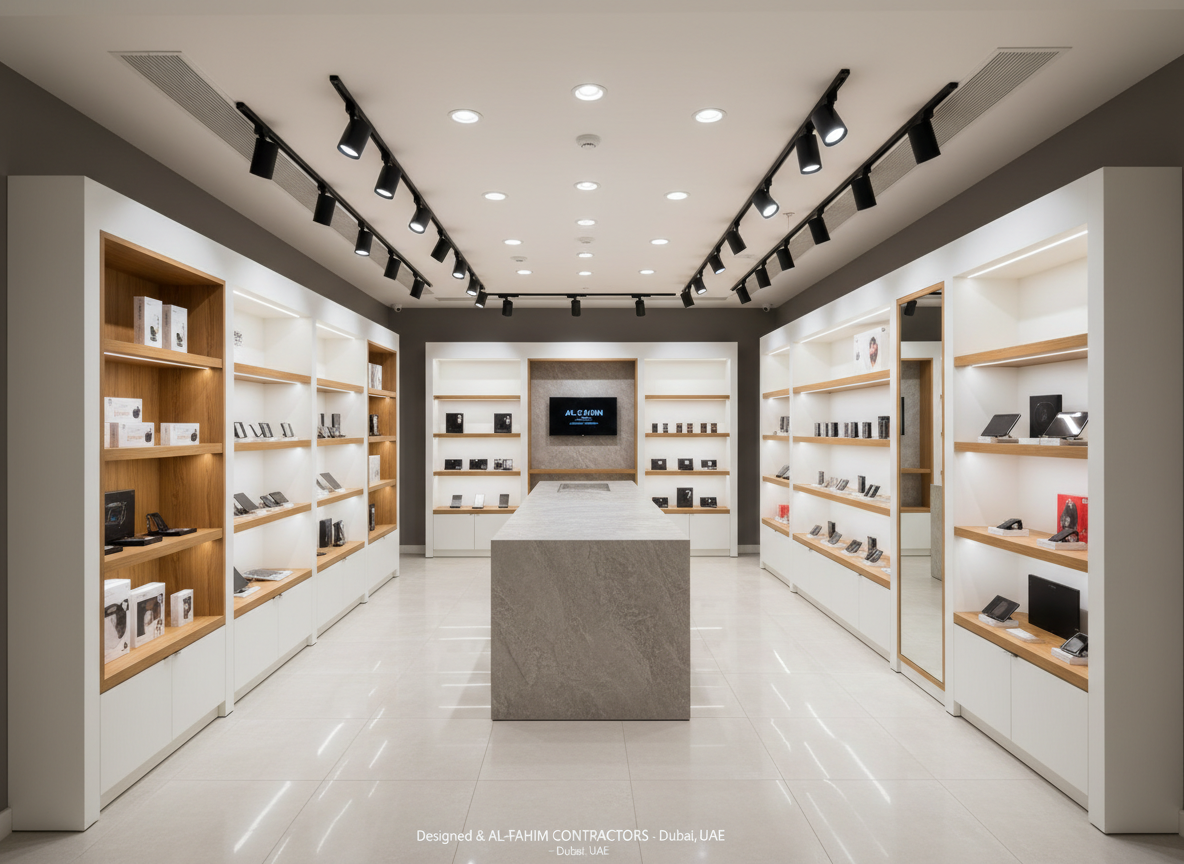 A renovated retail shop interior in a Dubai mall, captured in photographic realism. Custom-built display shelving in matte white with oak accents lines the walls, while a central island counter with a stone-look surface anchors the space. The ceiling features a combination of recessed spotlights and track lighting, creating focused pools of light on key display areas and a bright, welcoming overall ambience. A wide, eye-level composition reveals clear walkways and an organized layout, with a calm, professional atmosphere that highlights expert fit-out and joinery work suitable for commercial clients across the UAE.