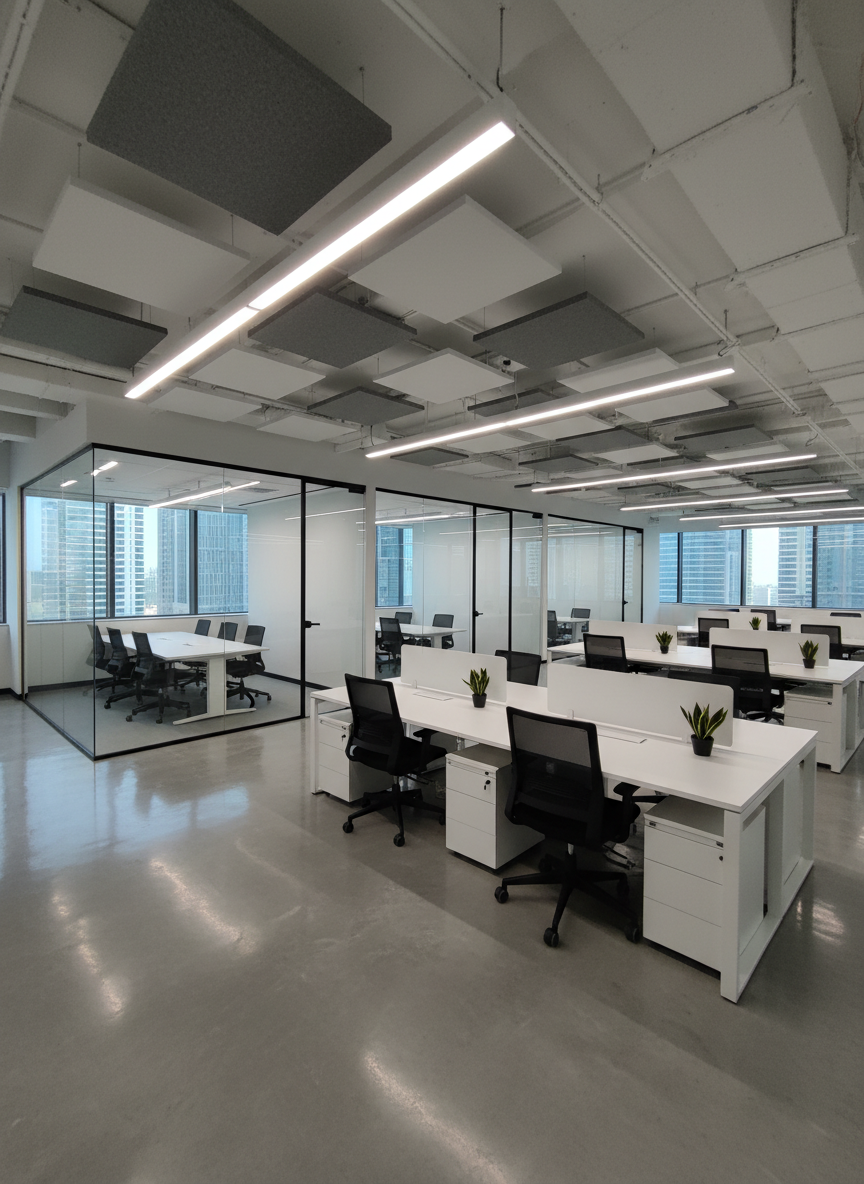 A freshly renovated open-plan office fit-out in Dubai, featuring glass-partitioned meeting rooms with black aluminum frames, suspended acoustic ceiling panels, and a polished concrete floor. Sleek white workstations with cable-managed desks are arranged in neat rows, with small potted plants adding subtle greenery. Linear LED lights run across the ceiling, casting clean, even illumination without harsh shadows. Shot from a slightly elevated angle to show depth and layout, with sharp focus and a professional, corporate mood that communicates efficiency, reliability, and high-quality commercial fit-out services in a photographic, realistic style.