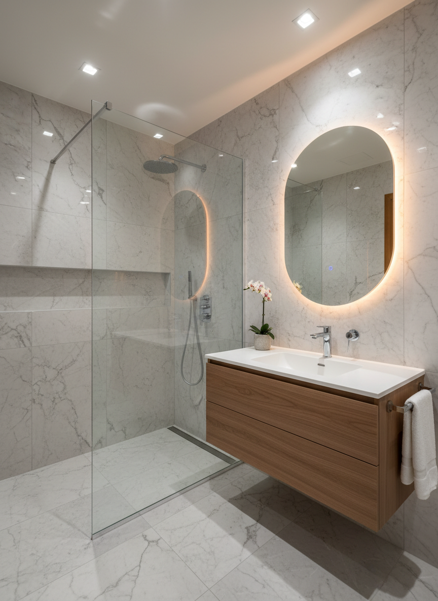 A premium bathroom renovation in photographic realism, showcasing a walk-in frameless glass shower with a recessed niche, large-format marble-effect porcelain tiles in soft gray and white, and a floating vanity with a walnut finish and integrated basin. A backlit, rimless mirror casts a warm glow, complemented by discreet ceiling spotlights that create soft, controlled highlights on chrome fixtures. Captured at eye-level with a slight wide-angle lens to encompass the entire space, the mood is luxurious yet practical, emphasizing meticulous finishing details and modern UAE apartment styling ideal for a renovation portfolio image.