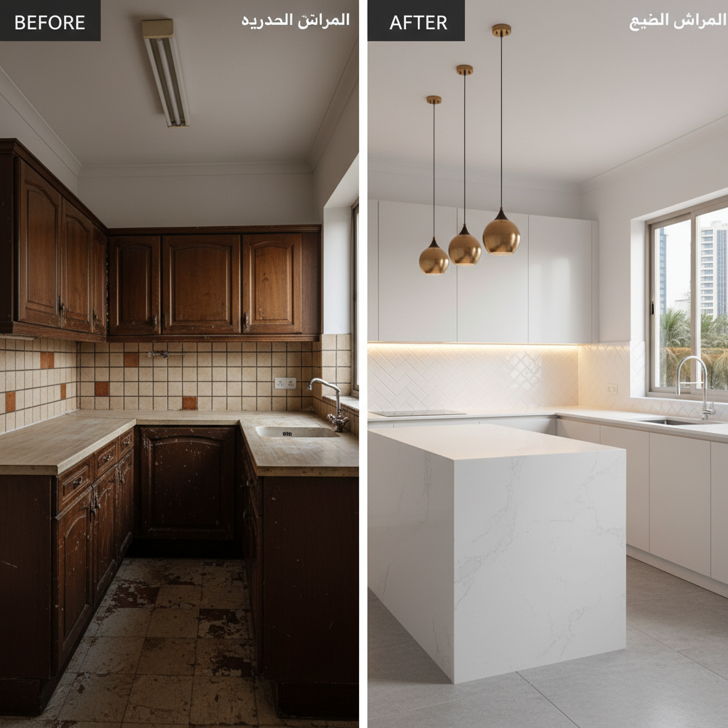 A dramatic before-and-after split image of a small apartment kitchen renovation, left side showing outdated brown cabinets, chipped countertops, and dull tile, right side revealing a fully transformed space with matte white handleless cabinetry, quartz waterfall island, and subway tile backsplash in a herringbone pattern. Under-cabinet LED lights wash the glossy surfaces, while warm pendant lights hang above the island. The composition is perfectly aligned so lines match across the divide, shot at eye-level with photographic realism, creating a clear, professional visual story of renovation impact for a UAE home improvement service.