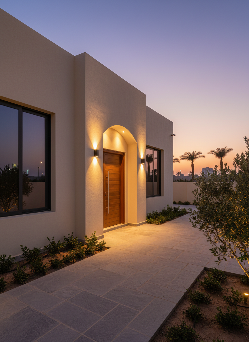 A sophisticated villa exterior renovation at dusk, showing a freshly repainted façade in warm off-white with minimalist architectural lines, new energy-efficient windows, and a modern wooden front door with a sleek metal handle. Discreet wall-mounted LED sconces cast a soft, even glow on the textured walls, while subtle ground lights illuminate a newly laid stone pathway and trimmed shrubs. Shot from a slightly low angle to enhance the entrance, the photographic image has a calm, secure, and welcoming mood, ideal for demonstrating comprehensive renovation and maintenance services for UAE residential properties.