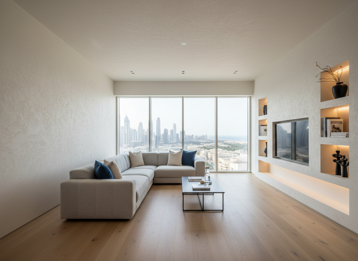 A bright, meticulously renovated modern living room in a Dubai villa, showcasing crisp white walls with subtle texture, a light gray L-shaped sofa, and warm oak flooring that runs seamlessly across the space. Built-in recessed shelving with integrated LED strip lighting frames a sleek wall-mounted TV. Large floor-to-ceiling windows reveal a hint of city skyline, allowing soft afternoon natural light to flood in and create gentle reflections on a low matte-black metal coffee table. Photographic realism at eye-level, sharp focus throughout, conveying professionalism, order, and quality workmanship, with a clean, contemporary aesthetic ideal for a renovation services homepage hero image.